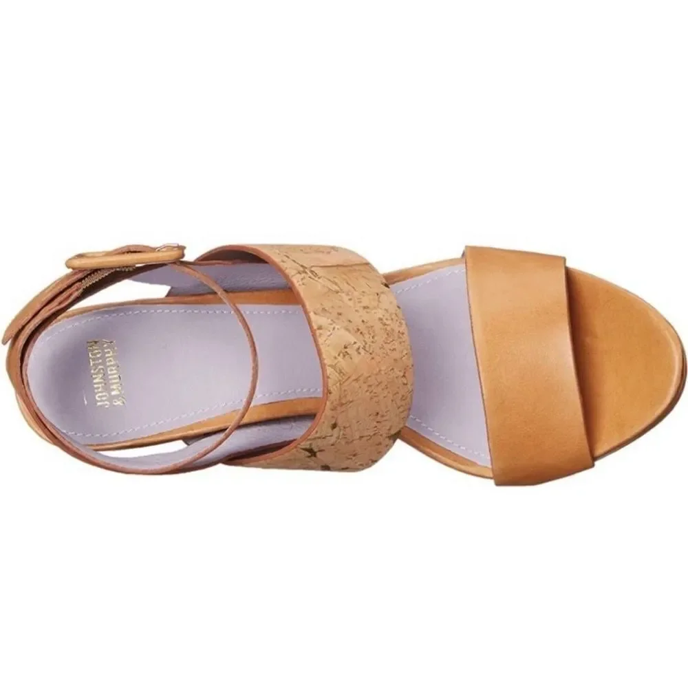 Tan Cork Wedge Sandals with Ankle Buckle